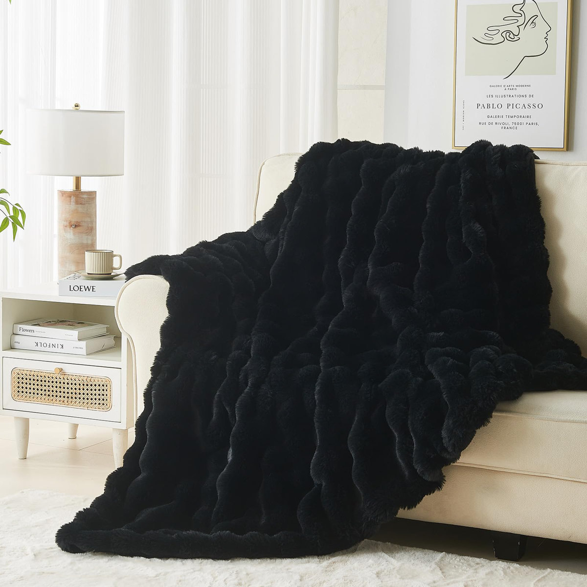 Condition photo showing New/Like New for Home Soft Things Cozy Warm Luxury Faux Fur Rabbit Throw Blanket, Knitted Soft Thick Furry Cute Plush Reversible Blanket for Sofa, Living Room, Bedroom - Suitable for Winter & Spring & Holiday Gift Ideas