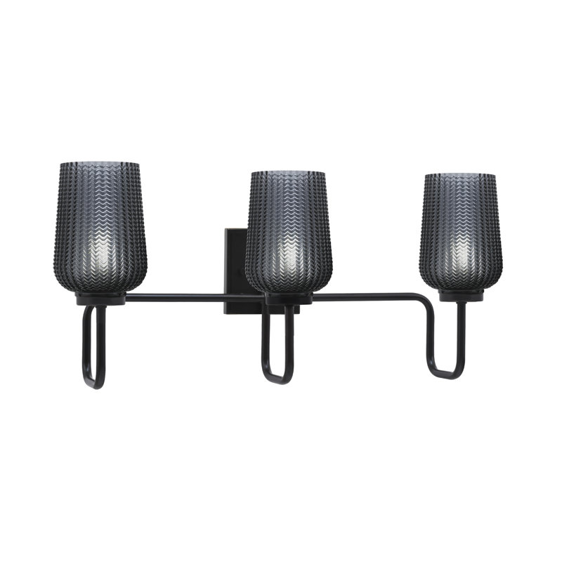 Barre d'éclairage de salle de bain 3 lumières Amarmula, finition noir mat, verre texturé fumé 5 po, Noir, Transparent/noir
