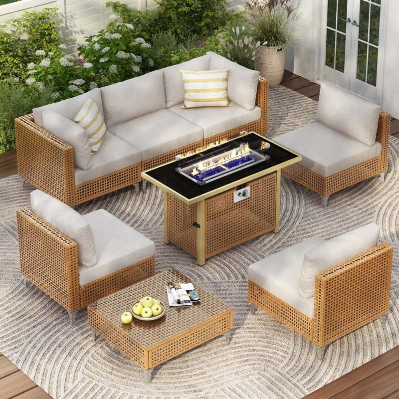 Ensemble de meubles de patio 8 pièces avec foyer extérieur de 43 po et table basse, Orange