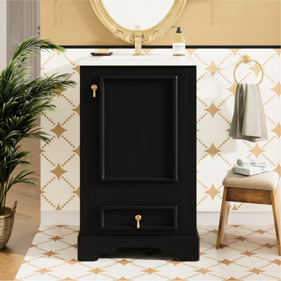 Meuble-lavabo de style moderne de 20 pouces avec lavabo en céramique, mécanisme de fermeture en douceur, tiroir de compartiment, support de rangement de porte et tablette en U réglable pour une utilisation flexible avec une fonction
