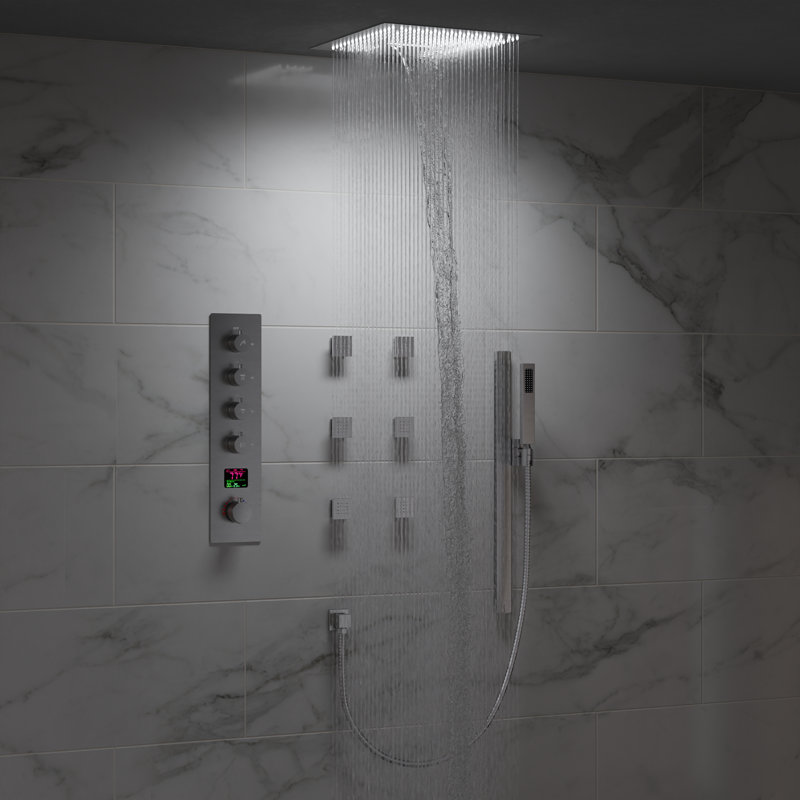 Thermostatic LED Mood Lighting Shower System, 16" Ceiling Mount Rainfall Shower Faucet with Brass Valve, Brushed Nickel