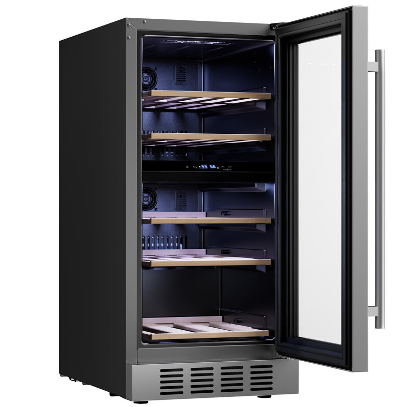 15 In. 26-bottle Dual Zone Wine Cooler Mini Fridge With 5 Beech Wood Shelves - Reversible Door For Home Bar In Black