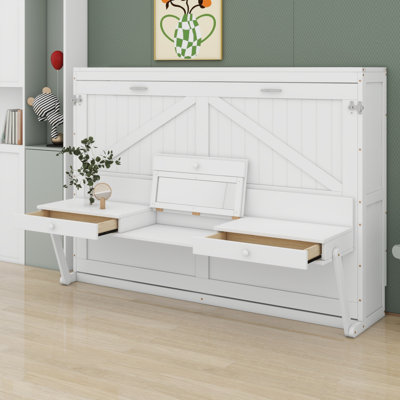 Wall Murphy Bed With Storage, Foldable Cabinet Bed With Desk, Center Mirror & Side Drawers