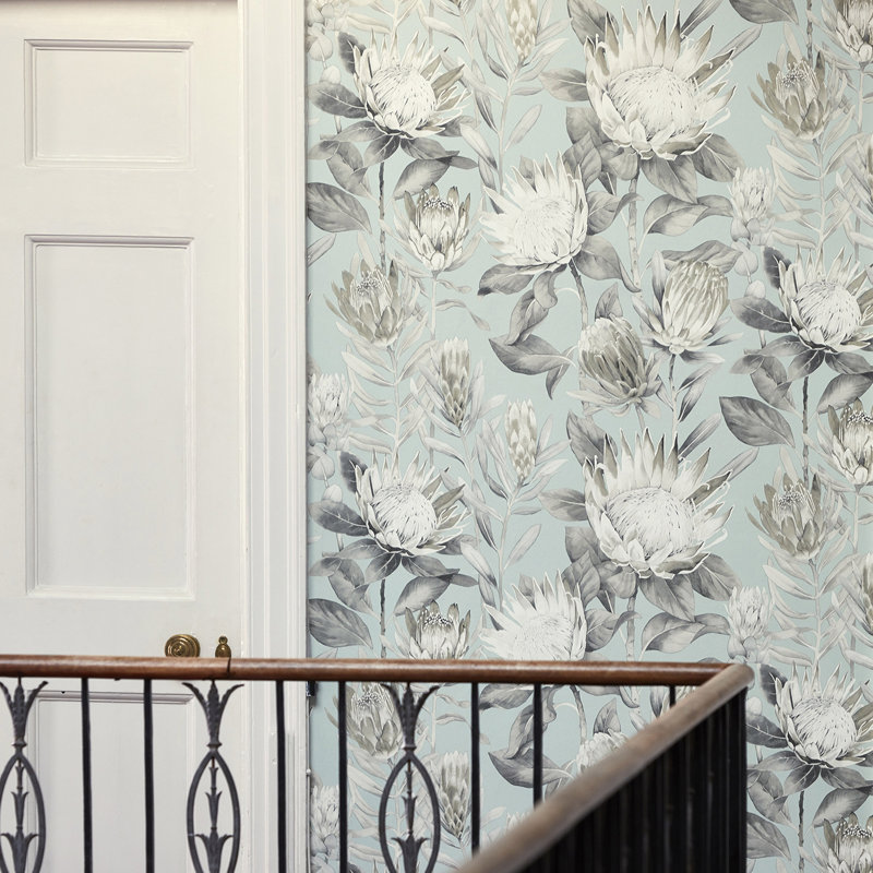 King Protea Wallpaper, Aqua/Linen