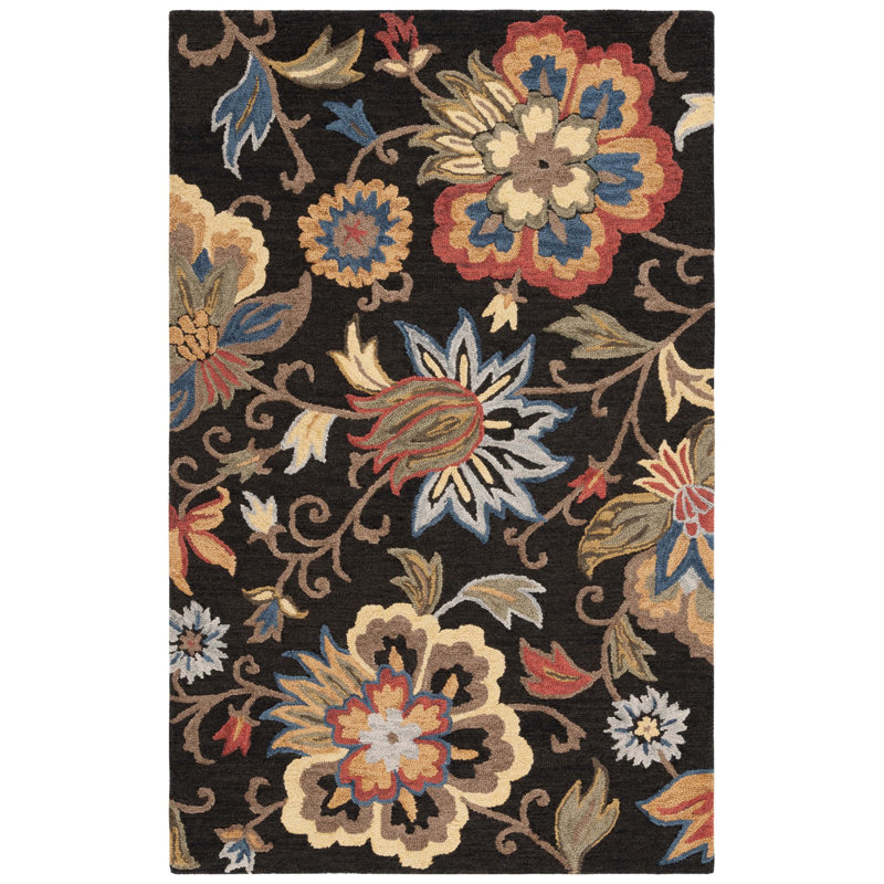 Blossom Hand Tufted Wool Cotton Floral Rug in Yellow/Black, Rectangle 3' x 5'