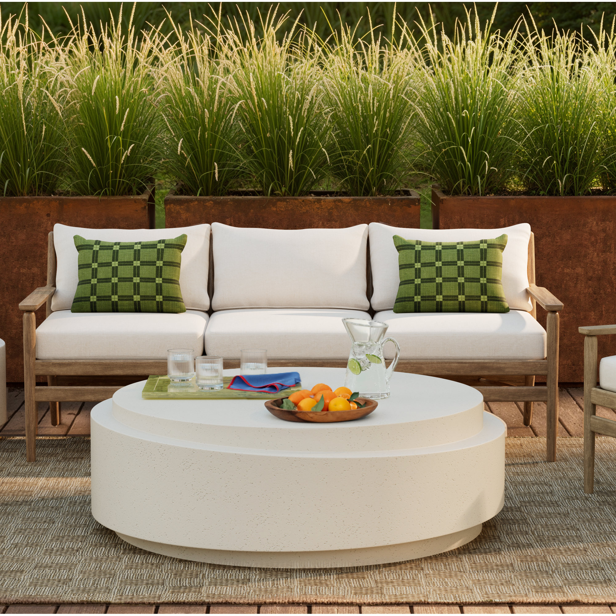 Baltzer 72.75'' Wide Eucalyptus Patio Sofa with Cushions, Lakin Oat, Natural Eucalyptus