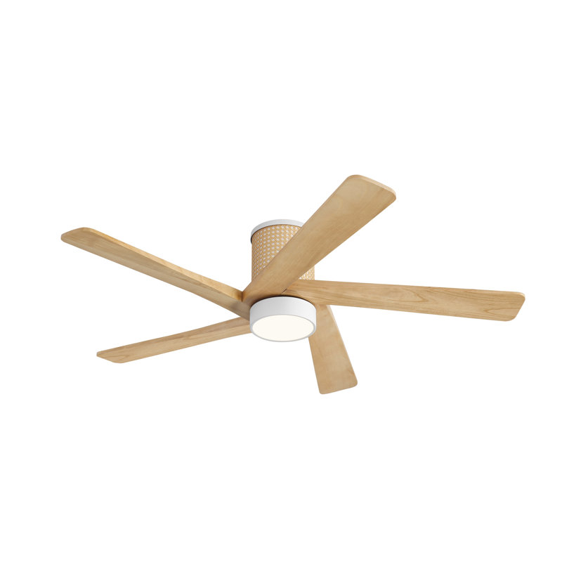 5 Solid Wood Blades Woven Rattan Cover Dc Motor Indoor Flush Mount Ceiling Fan Remote Integrated Led, 48" Wide