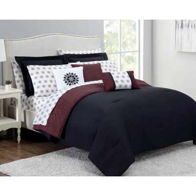 Opulence Comforter Set Burgundy/Black/White Microfiber Reversible 12 Piece Comforter Set