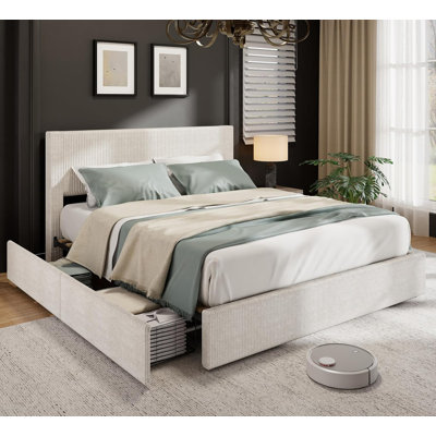 Base de lit Homhougo avec tête de lit à oreilles capitonnée, lit plateforme tapissier en velours avec 4 tiroirs de rangement, support à lattes en bois, aucun sommier nécessaire, beige