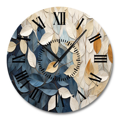 Beige And Blue Minimalism Leaves Collage - Leaves Black Face Wall Clock
