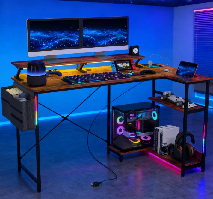 Bureau d'ordinateur avec bureau en coin réversible en forme de L, support pour écran, prises de courant et lumières DEL