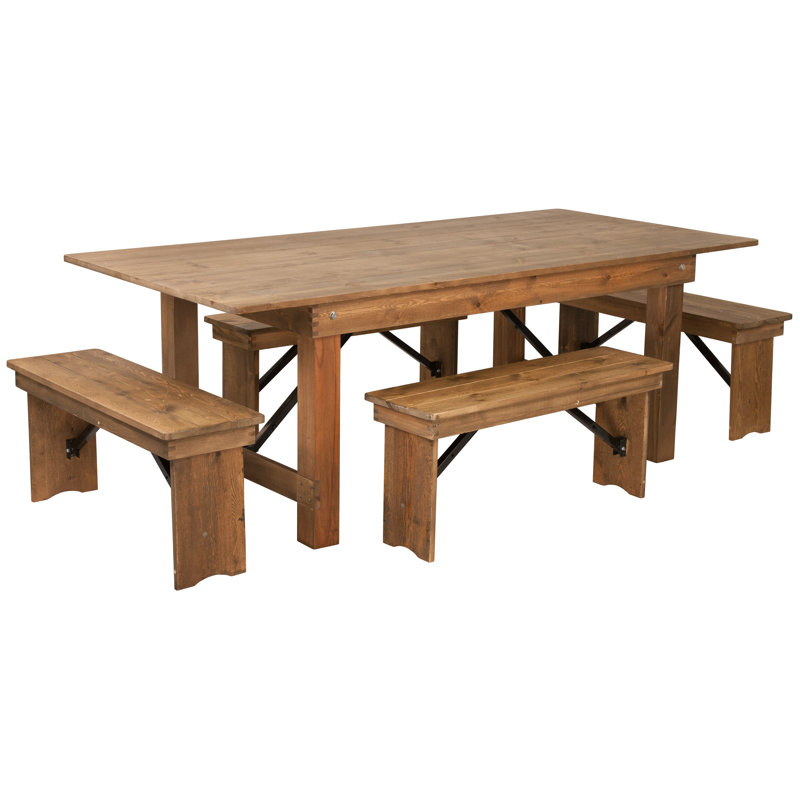 Antique Rustic Pine 8' Farm Table & Four Bench Set