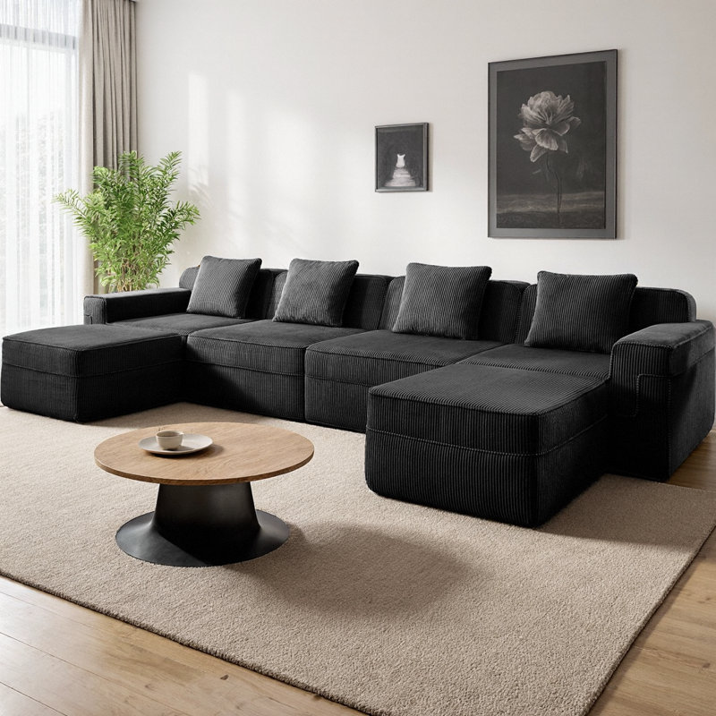 Canapé modulaire en forme de U sans siège à 4 places Ridge, canapé Cloud avec assise profonde et 2 repose-pieds mobiles, canapé modulaire en velours côtelé moderne pour le salon