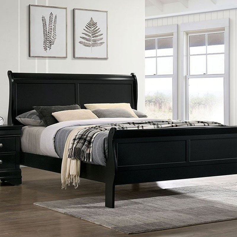 Grand lit en bois massif 1pc, Noir, Grand lit