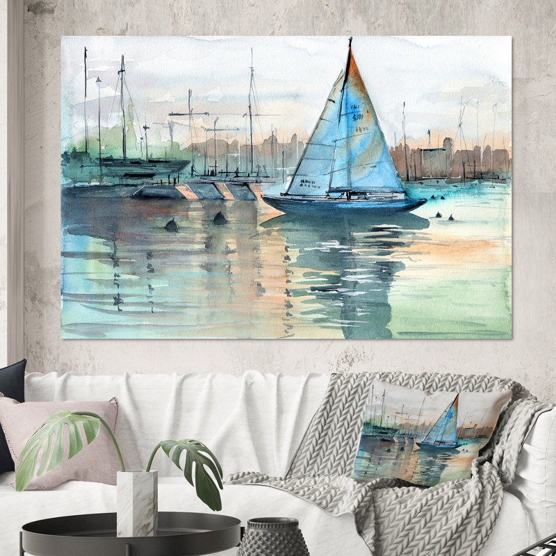 Un voilier dans une marina avec des voiliers - Peinture sur toile, Toile tendue, H 40 po x l 60 po x P 1,5 po