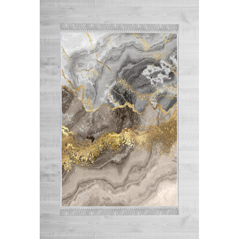 Twyla Abstract Machine Made Flatweave Velvet Area Rug in Beige/Gold, Rectangle 5'3" x 7'7"