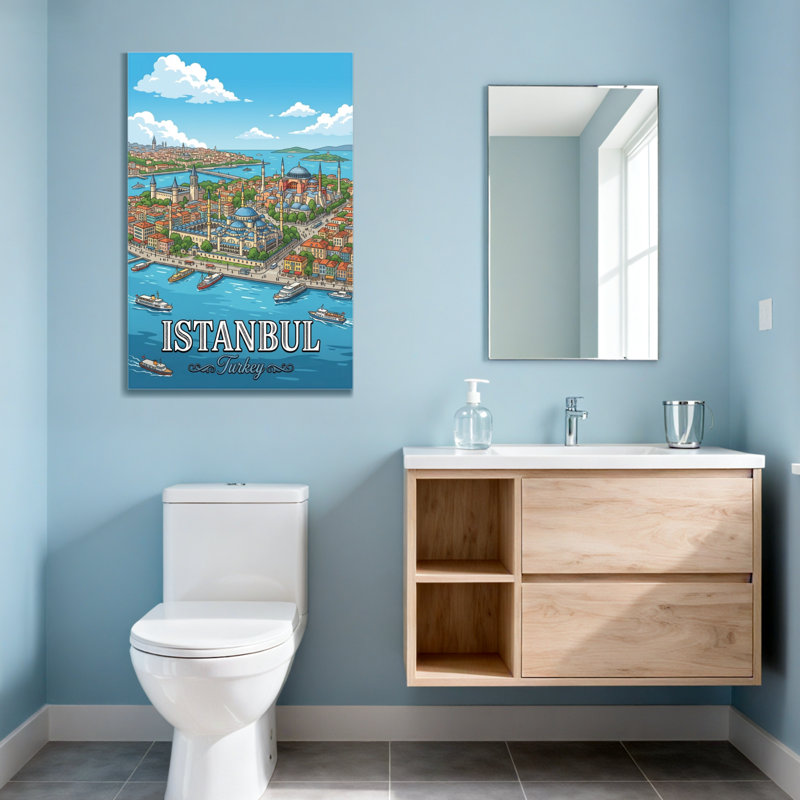 Paysages pittoresques et urbains, paysage urbain avec ciel bleu et eau, H 30 po x l 20 po