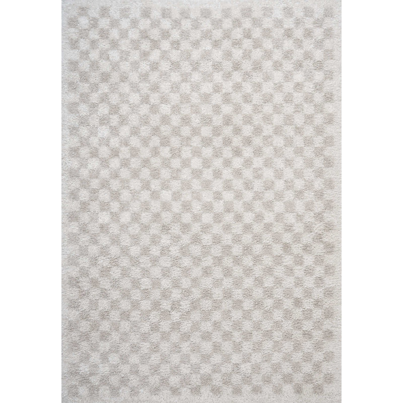 Moodi Modern Shaggy Area Rug Checkered Design, Rectangle 120 x 170 cm, Off-White Cream/Light Beige