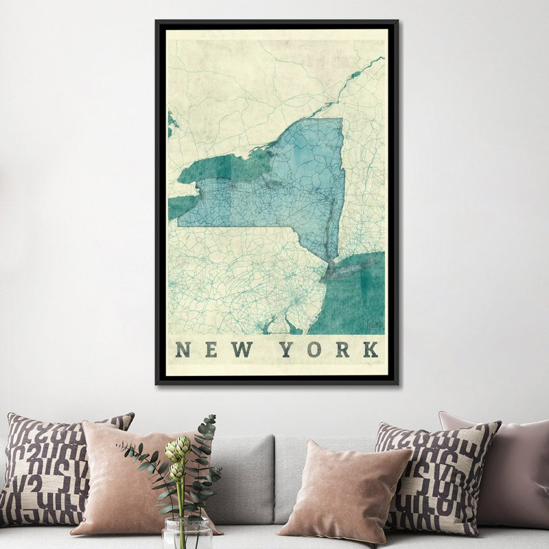 «New York Map», impression sur toile, H 60 po x l 40po x P 1,5 po, Toile avec cadre noir, Pas de tapis