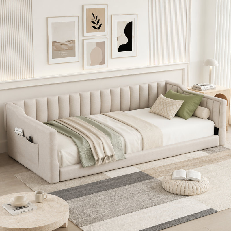 Lit de jour simple en velours rembourré, beige, Lit simple, Beige