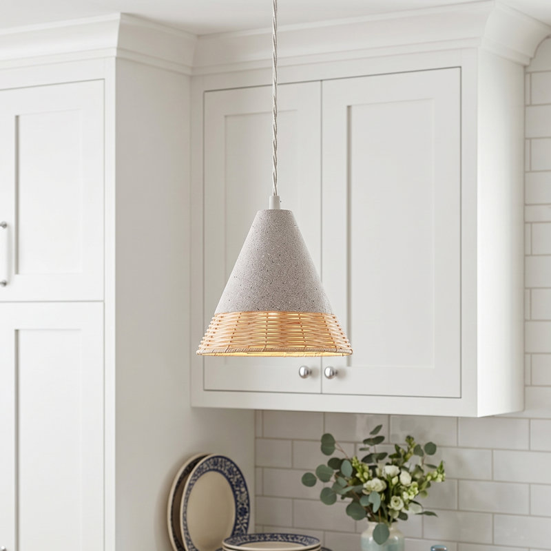 1 - Light White Textured Cone Pendant Light with Woven Rattan Detail