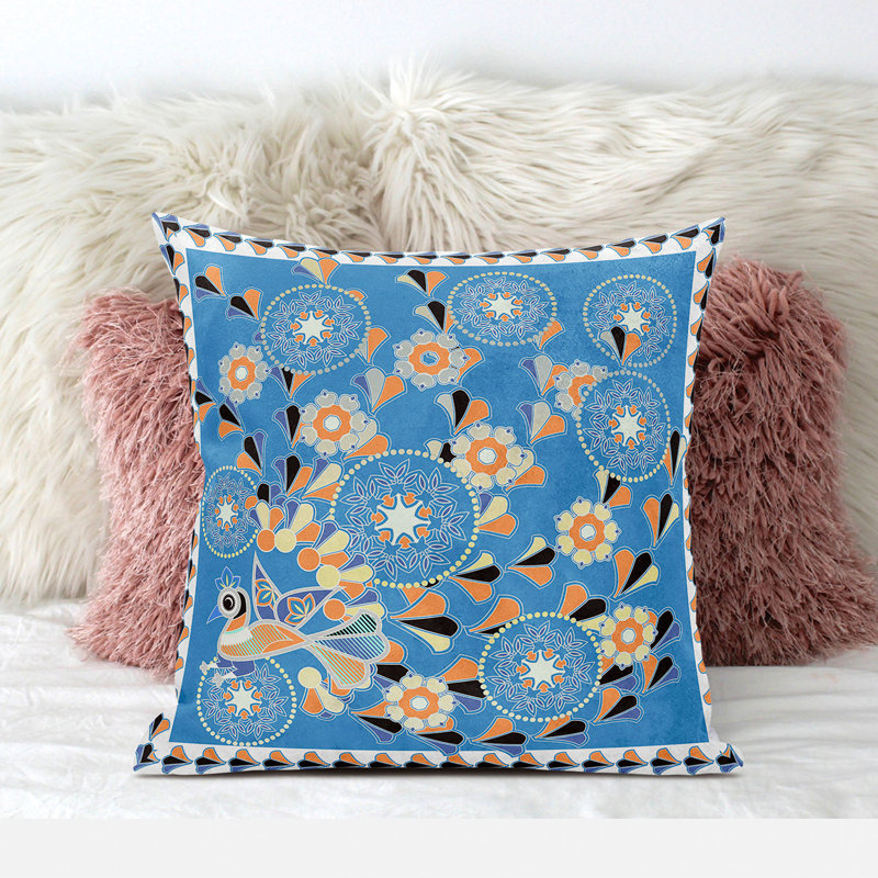 Floral Light Blue and Pale Orange Faux Suede Throw Pillow