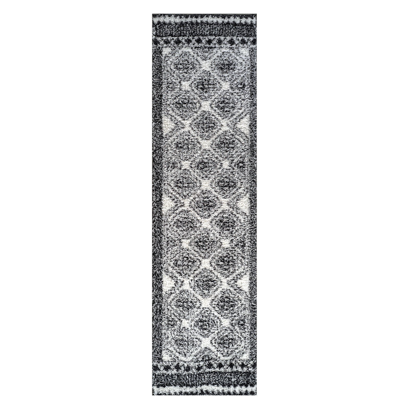 Tapis blanc à poils longs à motif géométrique - facile à nettoyer, facile à nettoyer, Runner 2'2" x 8'