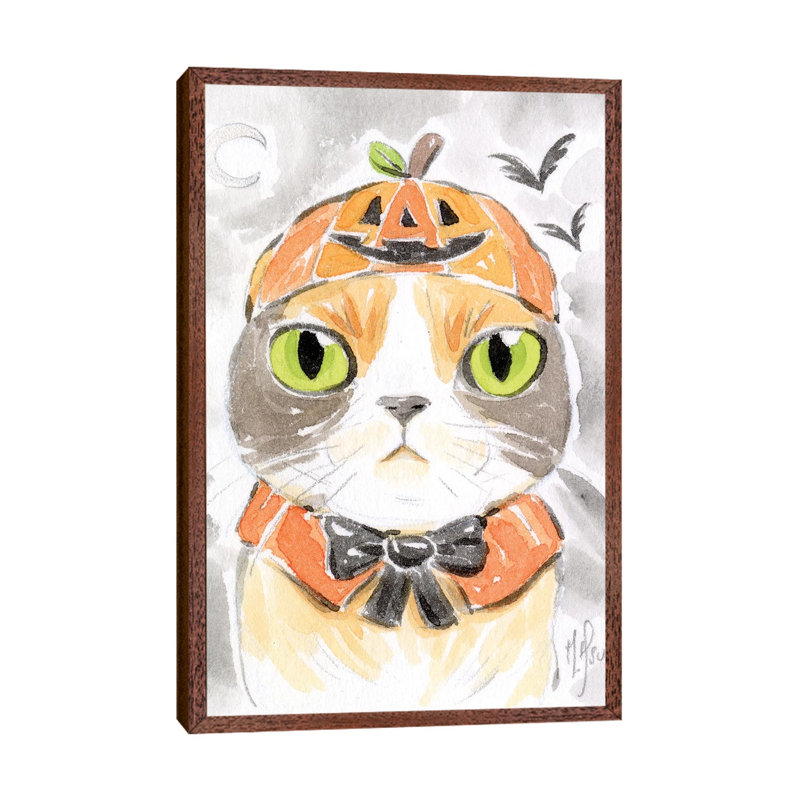 Cat - Pumpkin by Martin Hsu - Painting on Canvas, 66.04 cm H x 45.72 cm W, Classic Brown Wood Framed