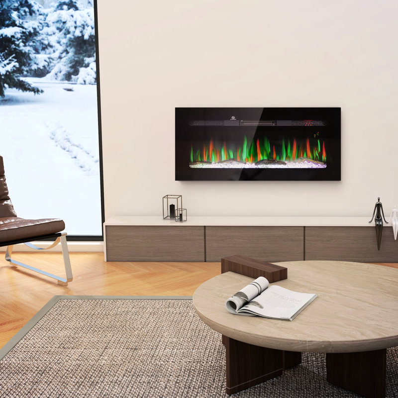 Foyer électrique 40 po: chauffage 1500 W, encastré au mur, flamme réglable, bûche et cristal, minuterie 8H, acier noir 1500 W, monté, couleur et luminosité de la flamme,