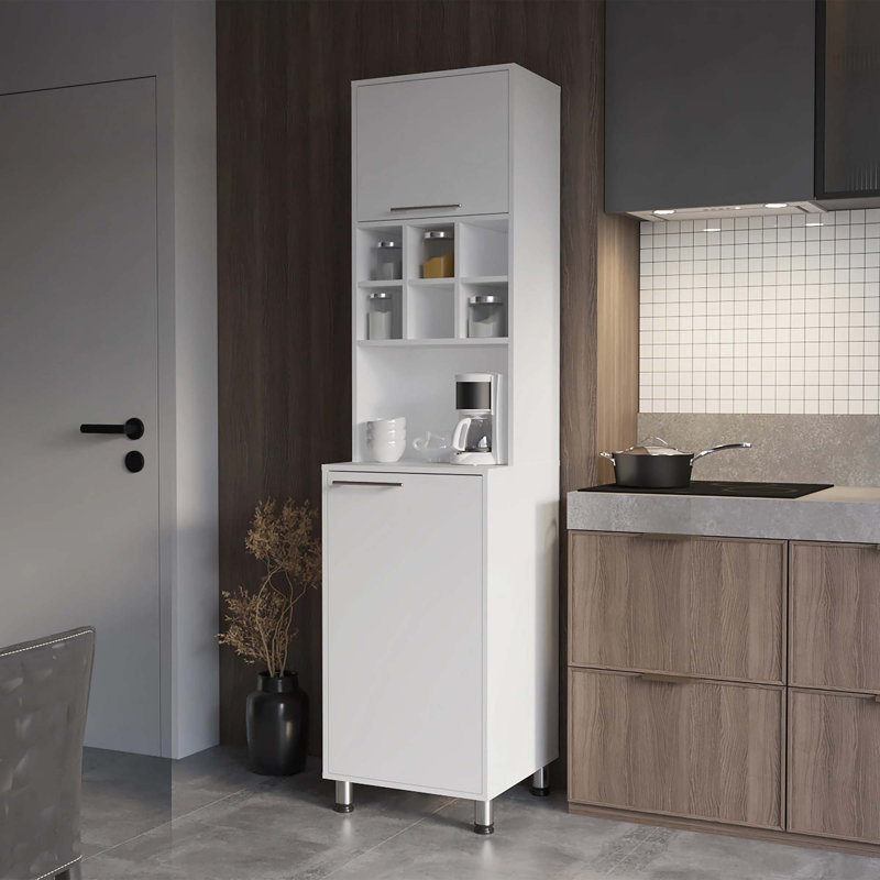 White Kitchen Pantry With Pneumatic Door And Open Storage