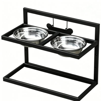 Adjustable Height Raised Pet Bowl Stand with 2 Stainless Steel Bowls, Non-Slip Slow Feeder Elevated Feeding Station for Cats & Small Dogs, 2-in-1 Portable Wood-Plastic Pet Dish Holder