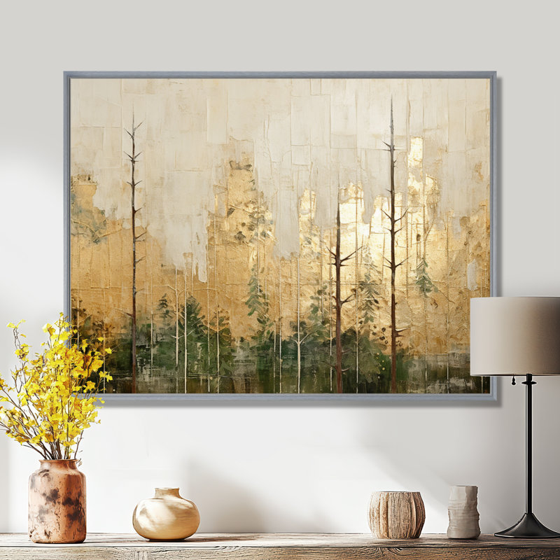 «Minimalisme beige et or forêt I», art mural sur toile forêt, H 24 po x l 32 po x P 1 po, Encadrement argenté