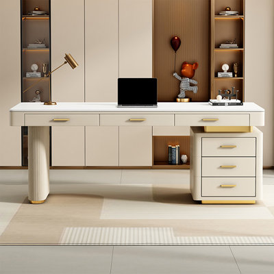 Bureau de direction blanc rectangulaire en pierre frittée avec tiroirs
