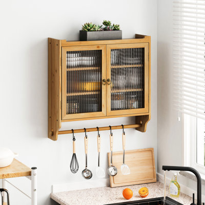 Armoire murale rétro à deux portes avec profondeur de 24,8 po, rangement à trois niveaux et porte-serviettes, pour salle de bain, cuisine, salle à manger, verre en bois massif, les tablettes sont amovibles