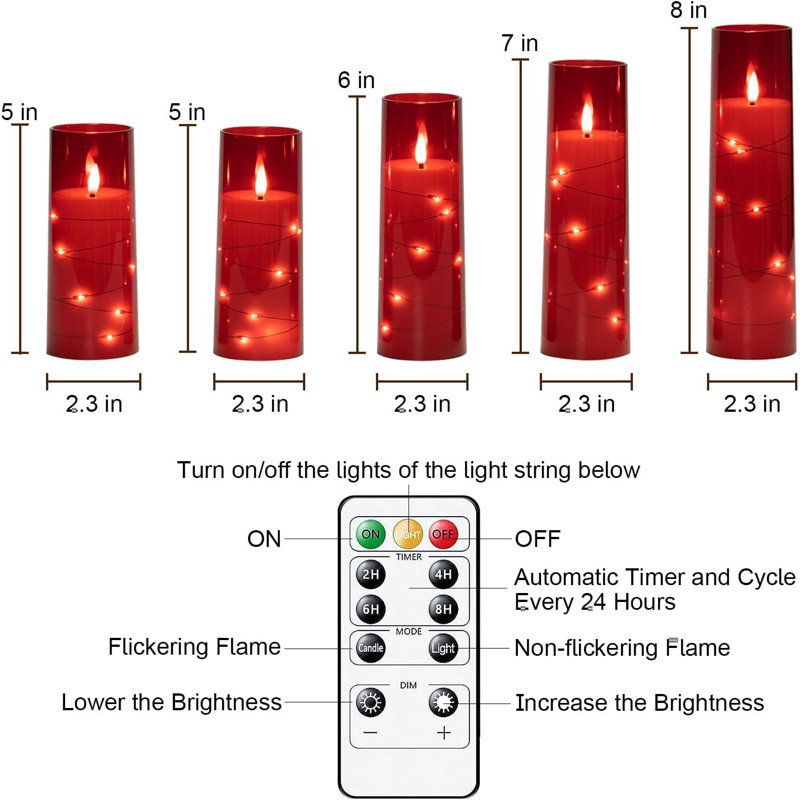 Flameless Led Candles With Embedded Star String, 5 Pcs Battery Operated Acrylic Pillar Candles With Timer And Remote, Flickering Candles For Romantic Ambiance And Home Decoration(red)