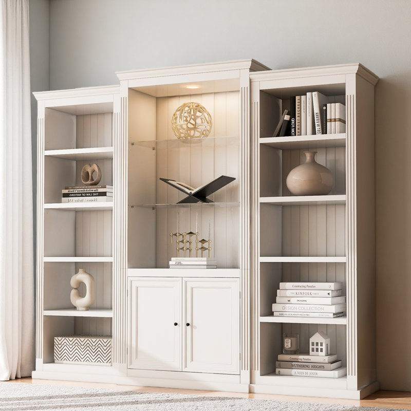 78.75'' Tall 3-Pieces Bookcase, Display Cabinet With 5 Colors Adjustable LED Ceiling Light, Retro Style Bookshelves With Tempered Glass Shelves