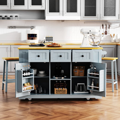 53Inch Large Kitchen Island With Drop Leaf, Power Outlet, Door Internal Storage Rack, Rolling Kitchen Cart On 5 Wheels With 5 Open Side Racks For Kitchen, Dining Room, (Not Include Bar Stools)