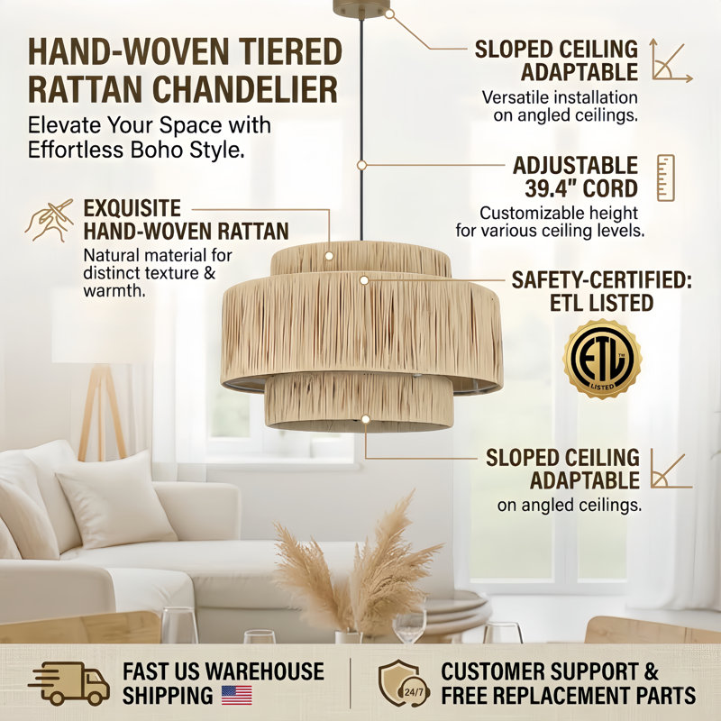 Frese 20" W 3-Light Rattan Drum Chandelier, Black / Brown