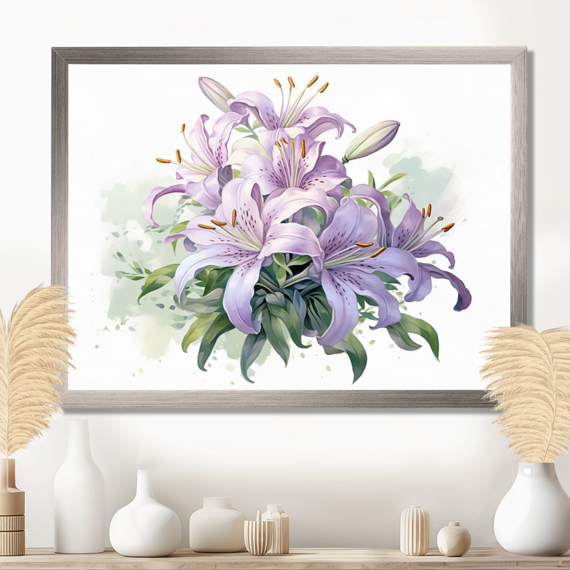 Symphonie de lys mauve et vert I - art mural floral, H 30 po x l 40 po x P 1,5 po, Cadre simple argenté