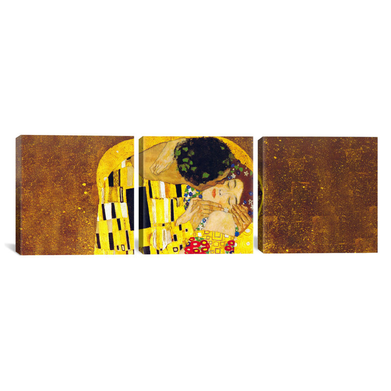 « baiser » par gustav klimt,, ensemble de 3 reproductions d’art sur toiles tendues, H 20 po x l 60 po x P 1,5 po