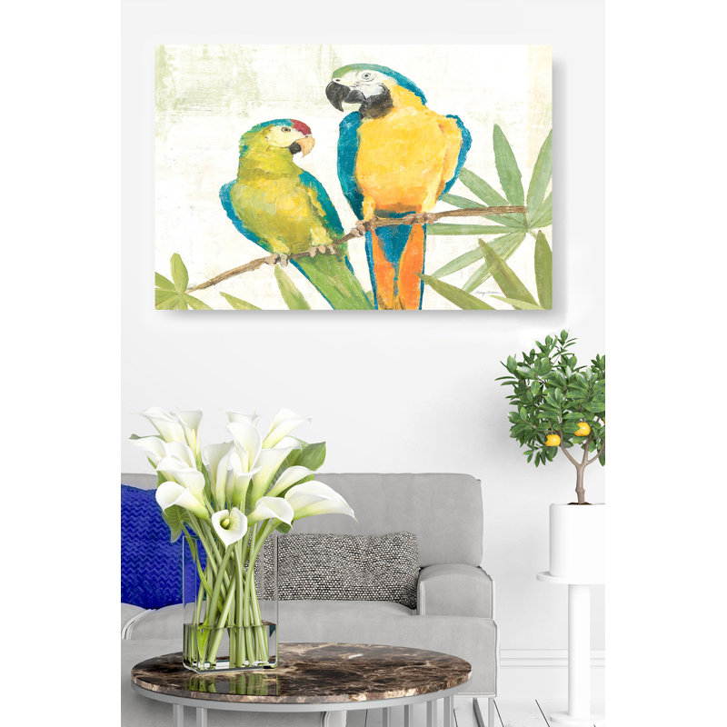 Duo de perroquets sur une branche, crevettes, bleu, vert, jaune, H 24 po x l 36 po x P 1,5 po