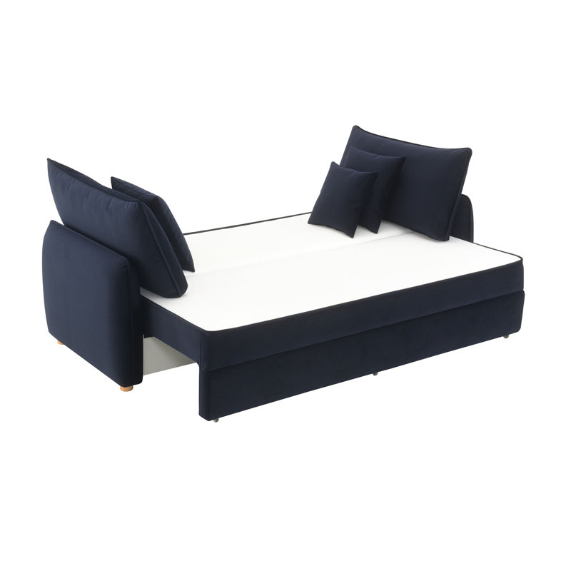Canapé-lit modulaire en velours bleu avec 3 coussins décoratifs