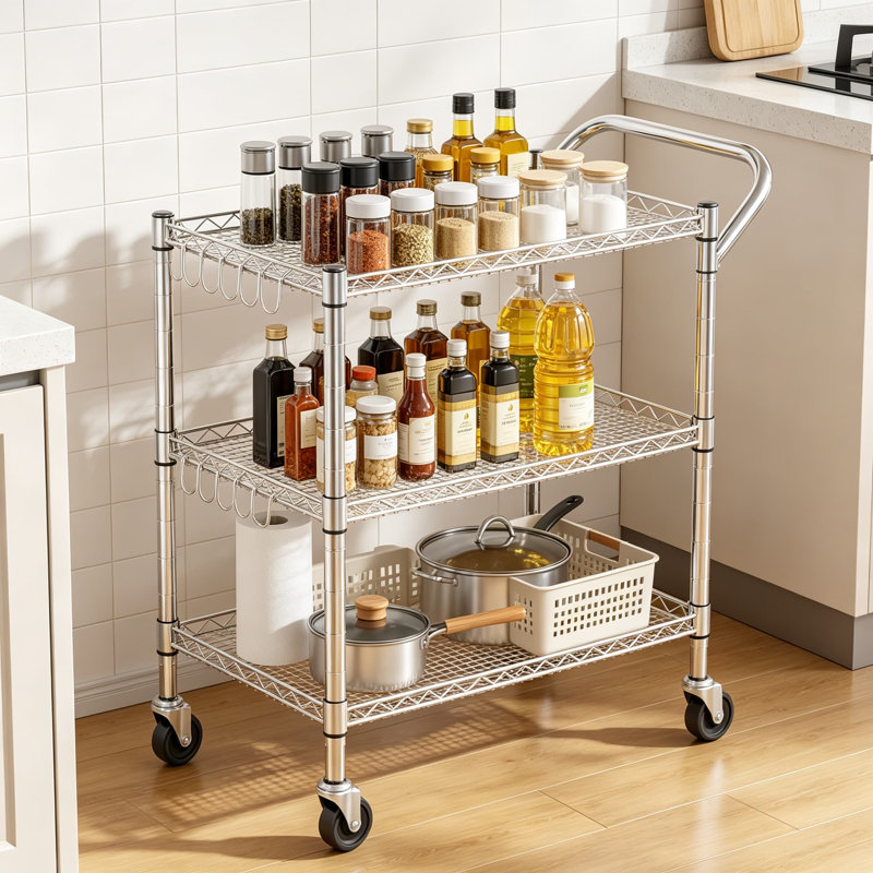 Chariot utilitaire roulant robuste à 3 niveaux, capacité de 450 kg (990 lb), certifié NSF, en métal, avec poignée et revêtements d'étagères, idéal pour la cuisine, le restaurant, le garage et le bureau.
