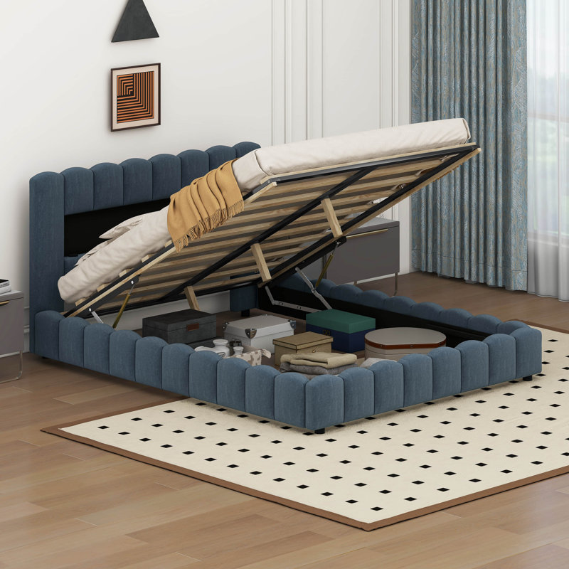 Grand lit plateforme tapissier avec tête de lit à DEL Widaey, Bleu foncé