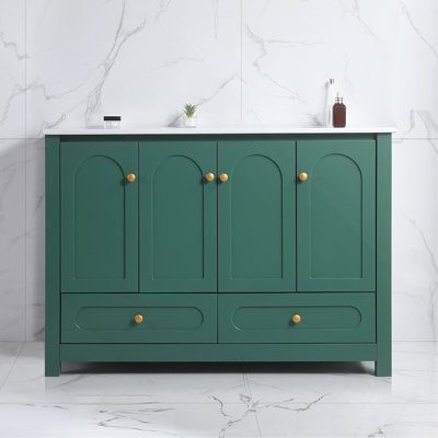 Ensemble de meuble-lavabo vert 48 po avec lavabo en céramique, armoire de rangement abondante, 4 portes à fermeture en douceur et 2 tiroirs