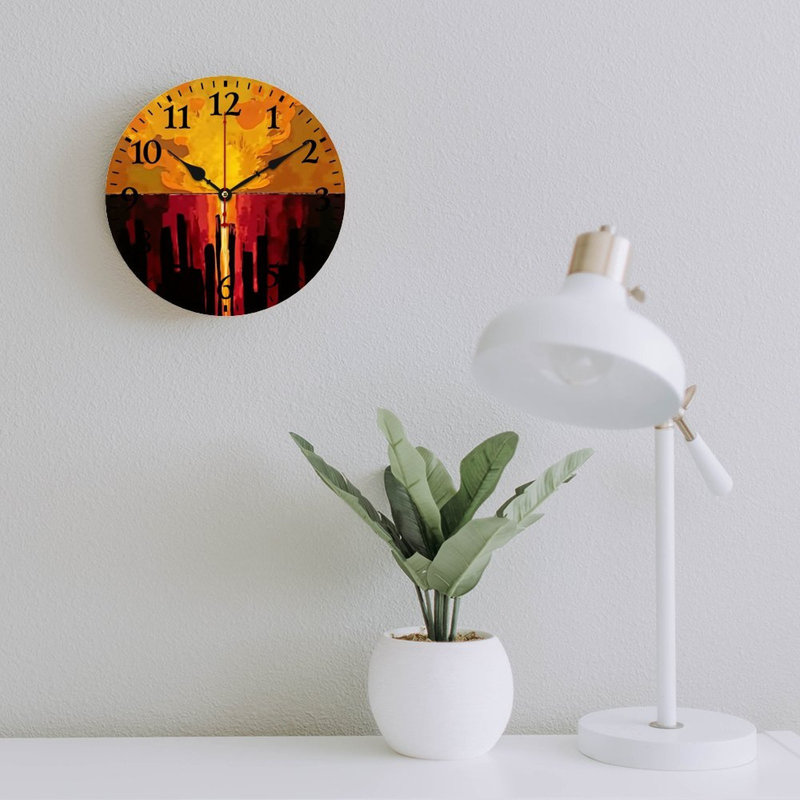 Décoration murale horloge ronde orange rouge coucher de soleil abstrait 12 x 12 pouces pour salle de divertissement et patio
