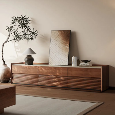 Mid-Century Matte Travertine Stone Tabletop TV Stand