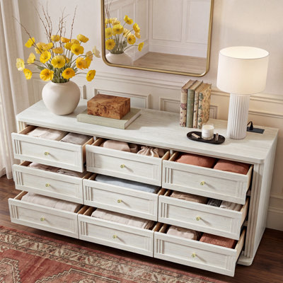 Commode 9 tiroirs pour chambre à coucher avec station de charge, commode moderne, armoire de rangement pour garde-robe longue, commode large polyvalente pour vestibule de salon de chambre à coucher