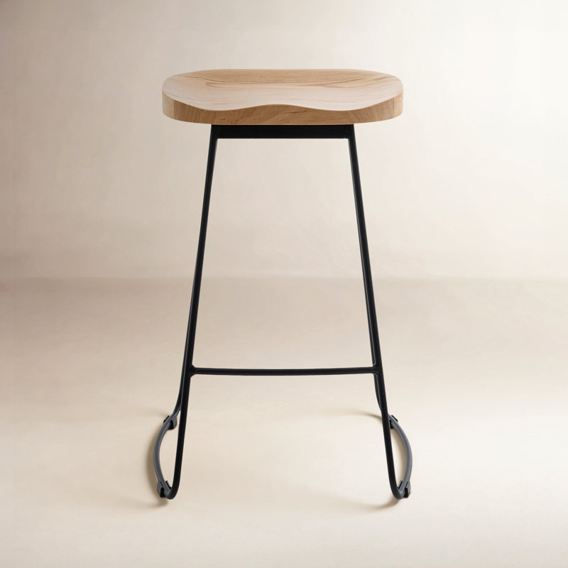 Navarre Saddle Solid Wood Backless Counter Stool, Black, Yellow