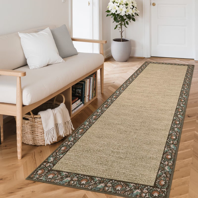 Floral Bordered Machine Washable Rug with Non-Slip Backing Non-Shedding Foldable Soft Low Pile Indoor Carpet, Runner 2' x 6'